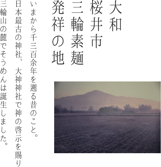 大和桜井市三輪素麺発祥の地 いまから千二百余年を遡る昔のこと。日本最古の神社、大神神社で神の啓示を賜り三輪山の麓でそうめんは誕生しました。