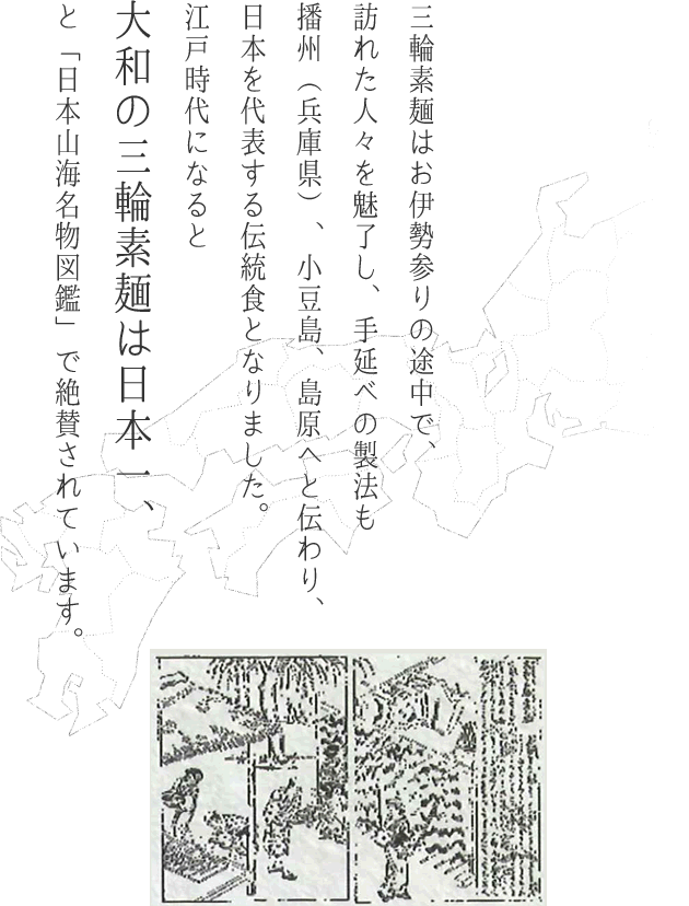 三輪素麺はお伊勢参りの途中で、訪れた人々を魅了し、手延べの製法も播州（兵庫県）、小豆島、島原へと伝わり、日本を代表する伝統食となりました。江戸時代になると大和の三輪素麺は日本一、と「日本山海名物図鑑」で絶賛されています。